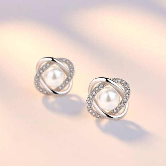 NEW Sterling Silver Diamond Pearl Stud Earrings - Picture 6 of 9